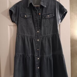 Boutique Denim Button-Up Ruffled Dress Small,worn Once!! Length Right Below Knee
